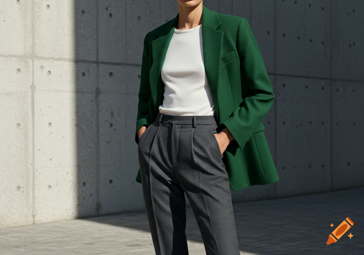 Person wearing a green blazer, white t-shirt, and gray pleated trousers against a concrete wall.