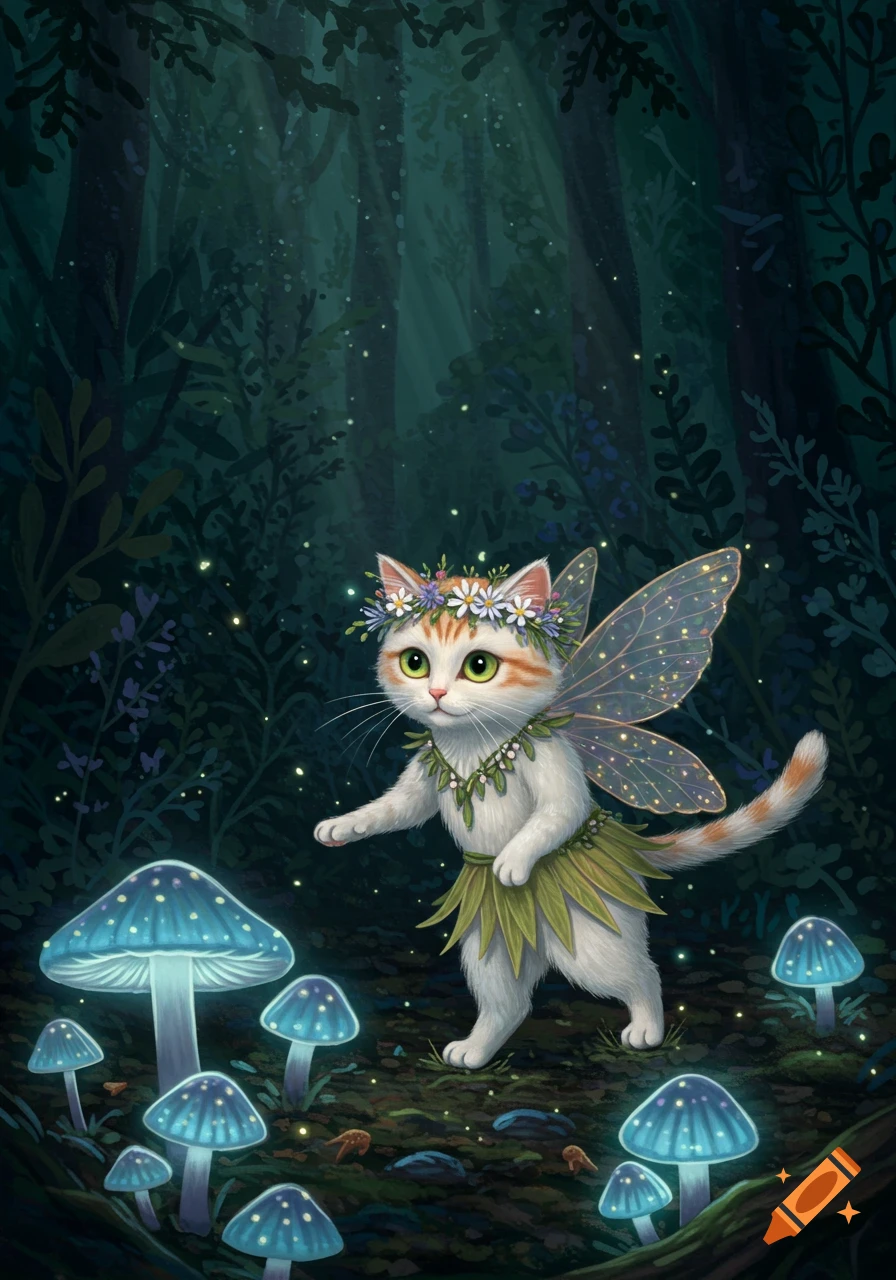 A whimsical fairy cat with delicate wings and a flower crown tiptoes through a dark forest with glowing blue mushrooms.