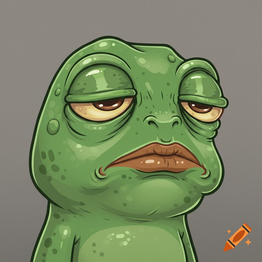 Cartoon illustration of a sad anthropomorphic green frog with heavy, drooping eyelids and frowning lips against a gray background.