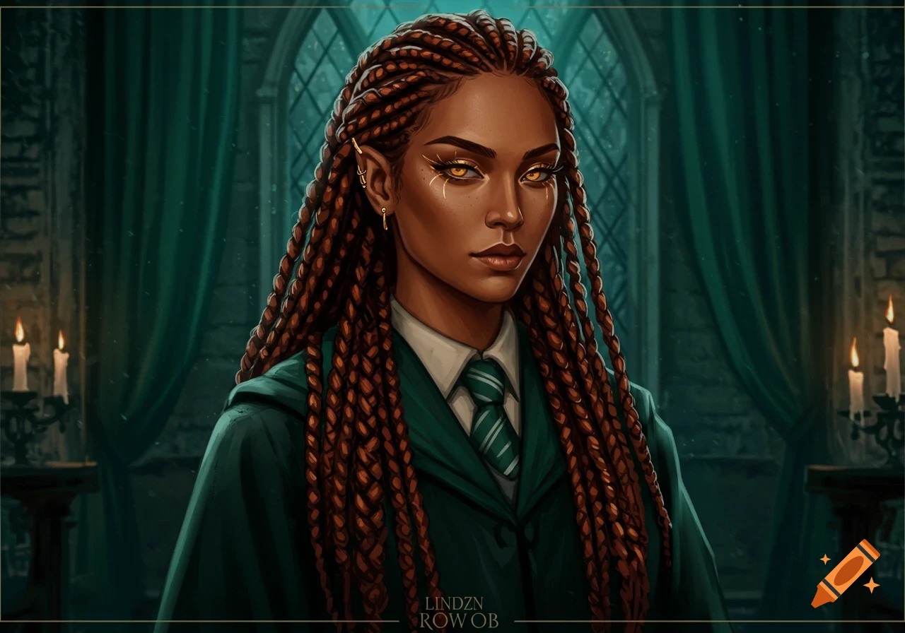Dark-skinned woman with long braided hair, golden eyes, and golden eyeliner, wearing a dark green uniform, in a dimly lit Gothic room.