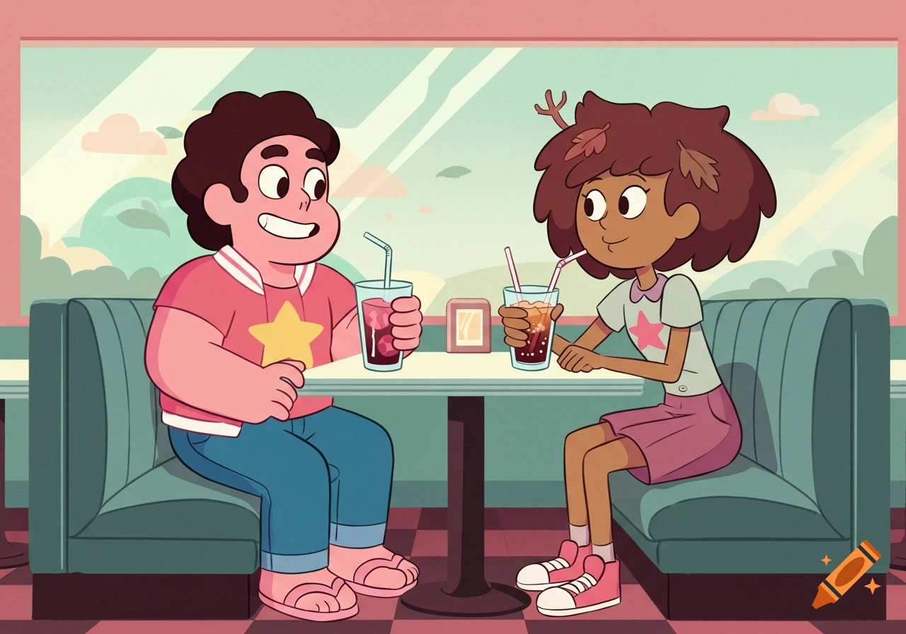 Steven Universe and Anne Boonchuy, from their respective cartoons, sit at a diner booth, smiling and drinking sodas.
