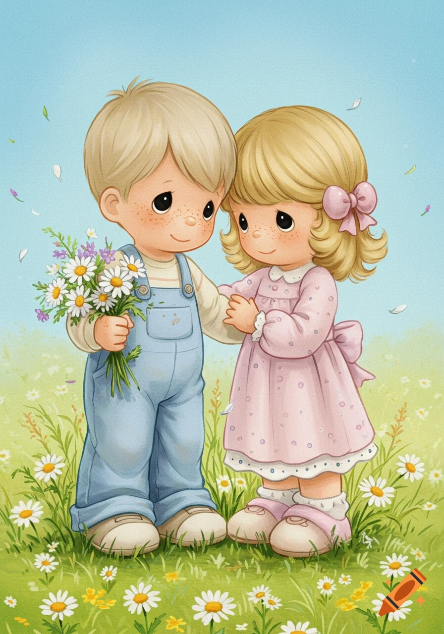 A boy holding daisies and a girl holding his arm in a field of flowers, in Precious Moments style.
