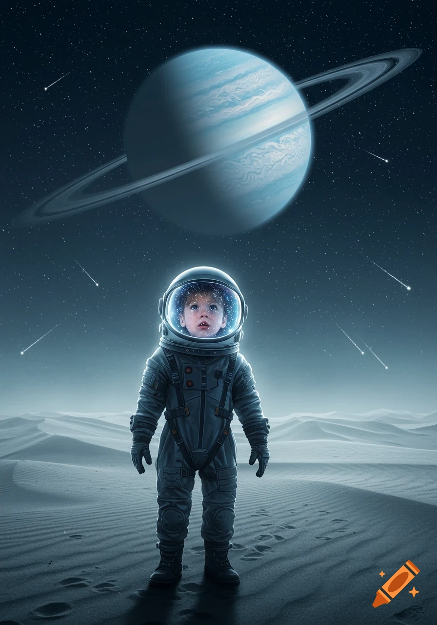 A boy in an astronaut suit stands on a sandy alien planet, looking up at a large ringed blue planet and shooting stars. Photorealistic.