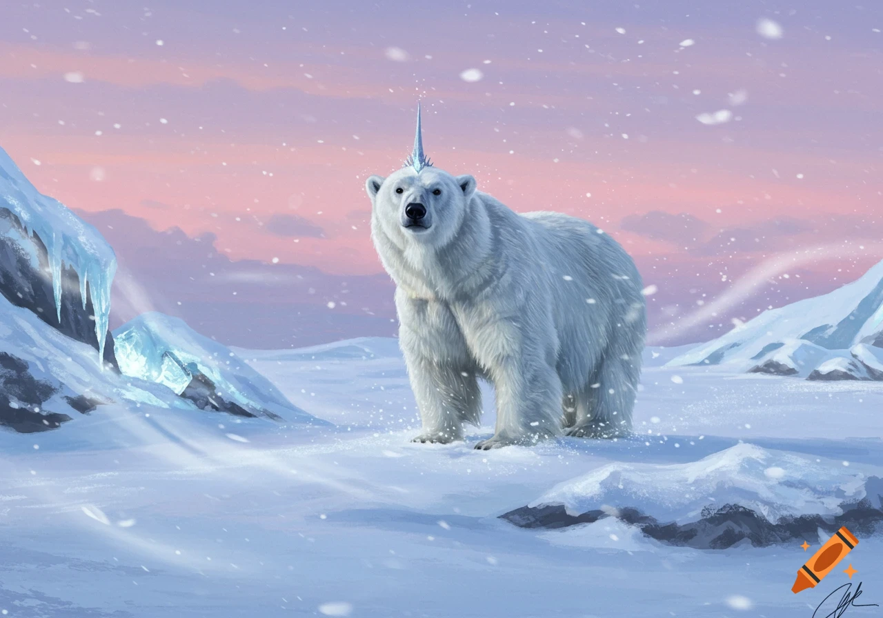 A white polar bear with a crystalline unicorn horn stands in a snowy arctic landscape under a pastel pink and purple sky, with snow falling.