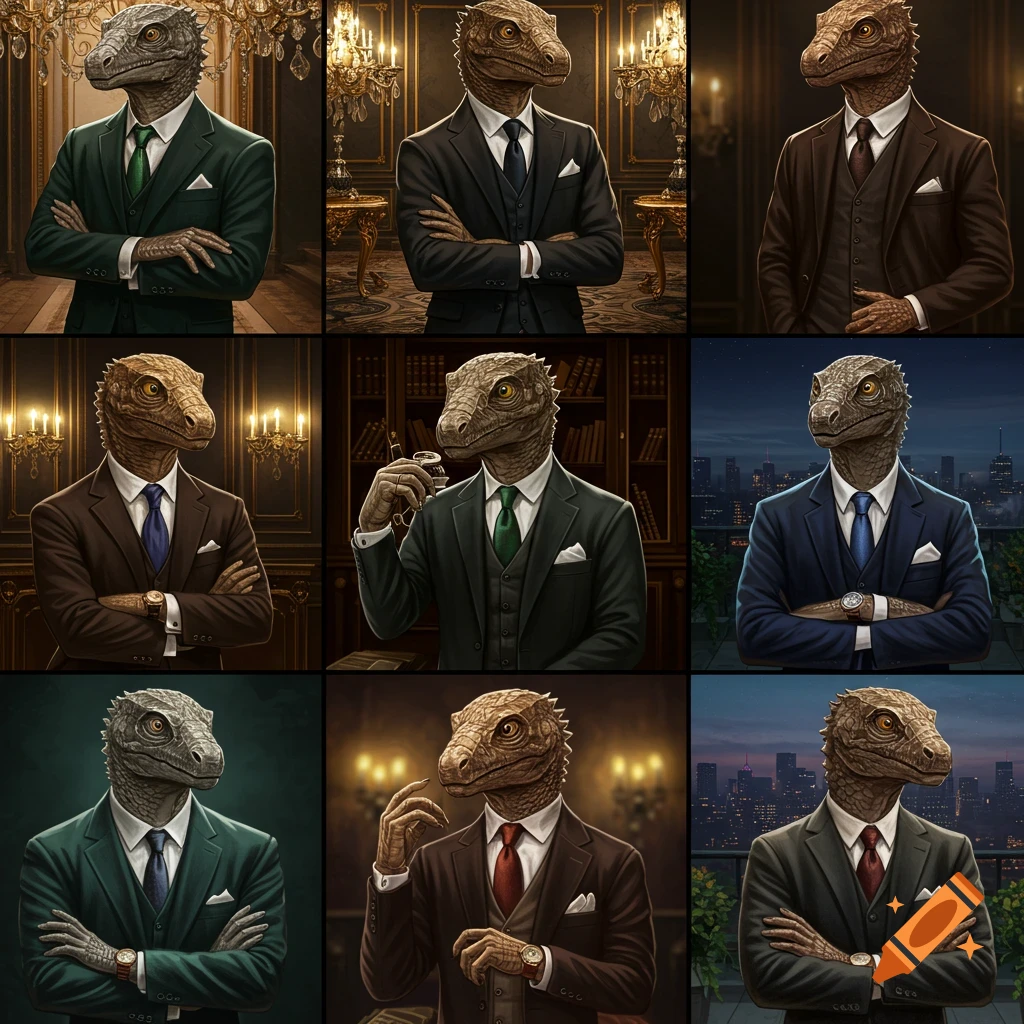 Nine portraits of a sophisticated reptilian creature in various stylish suits and elegant settings.