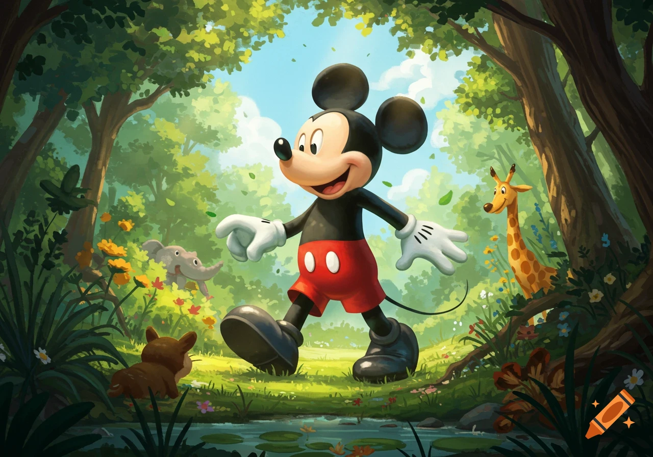 A cheerful Mickey Mouse walks through a lush green forest with small cartoon animals and a pond, in an illustrative style.