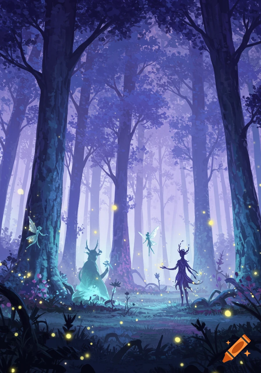 Magical forest scene with luminous blue and purple trees, glowing fireflies, flying fairies, and mystical creatures. Digital art.