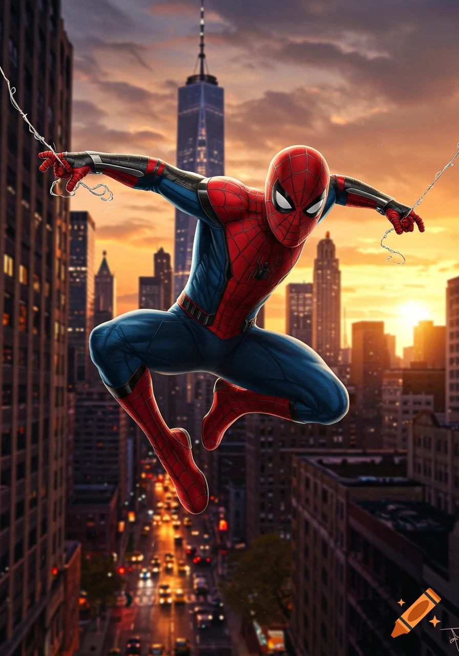 Spider-Man swings through a city at sunset, with buildings and a busy street below. Digital art.