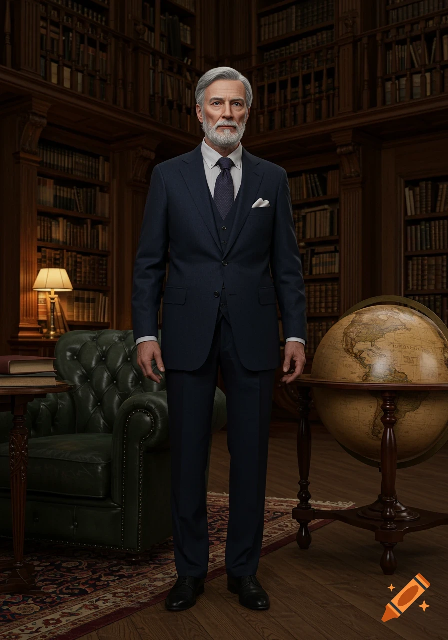Photorealistic portrait of a distinguished older man in a navy suit, standing in a classic library with wooden bookshelves and a globe.