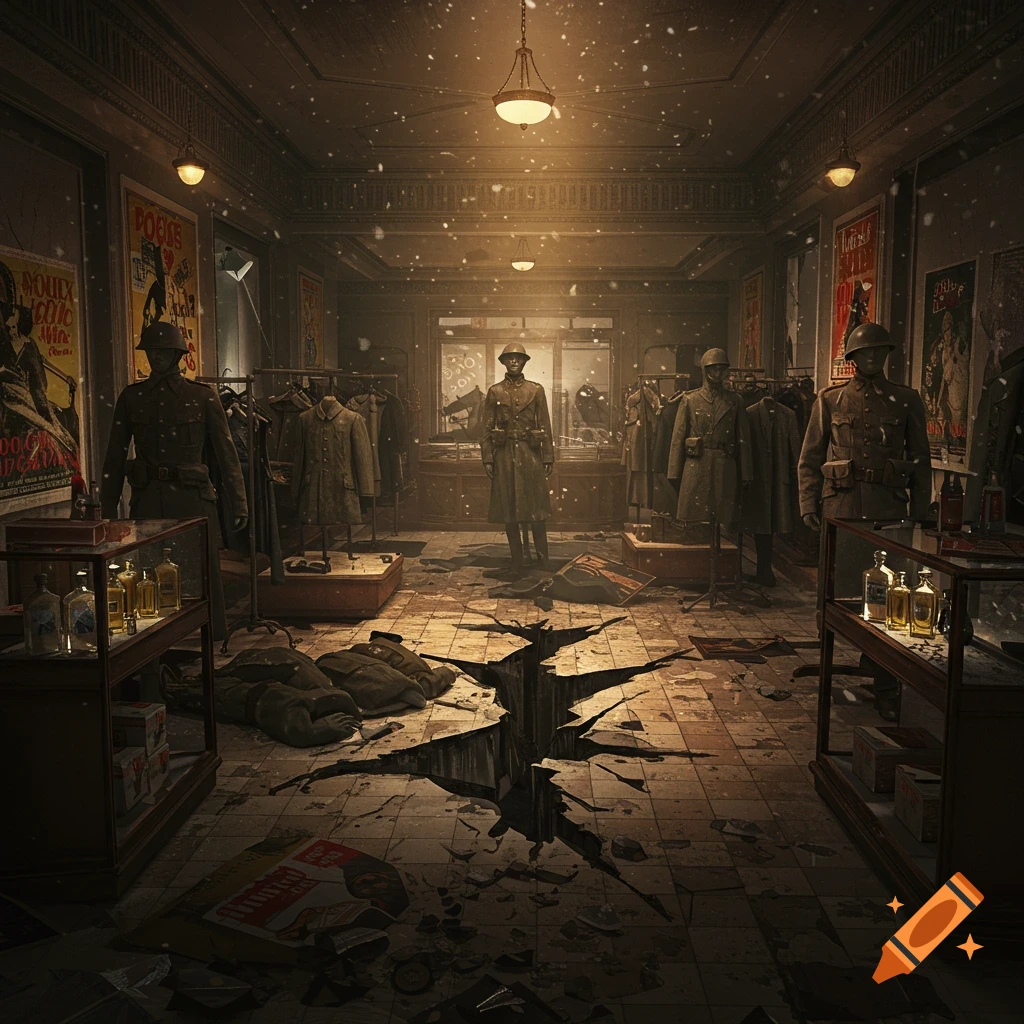An abandoned department store, with military mannequins dressed in uniforms, debris on a cracked floor, and dusty light filtering through. Snow falls inside.