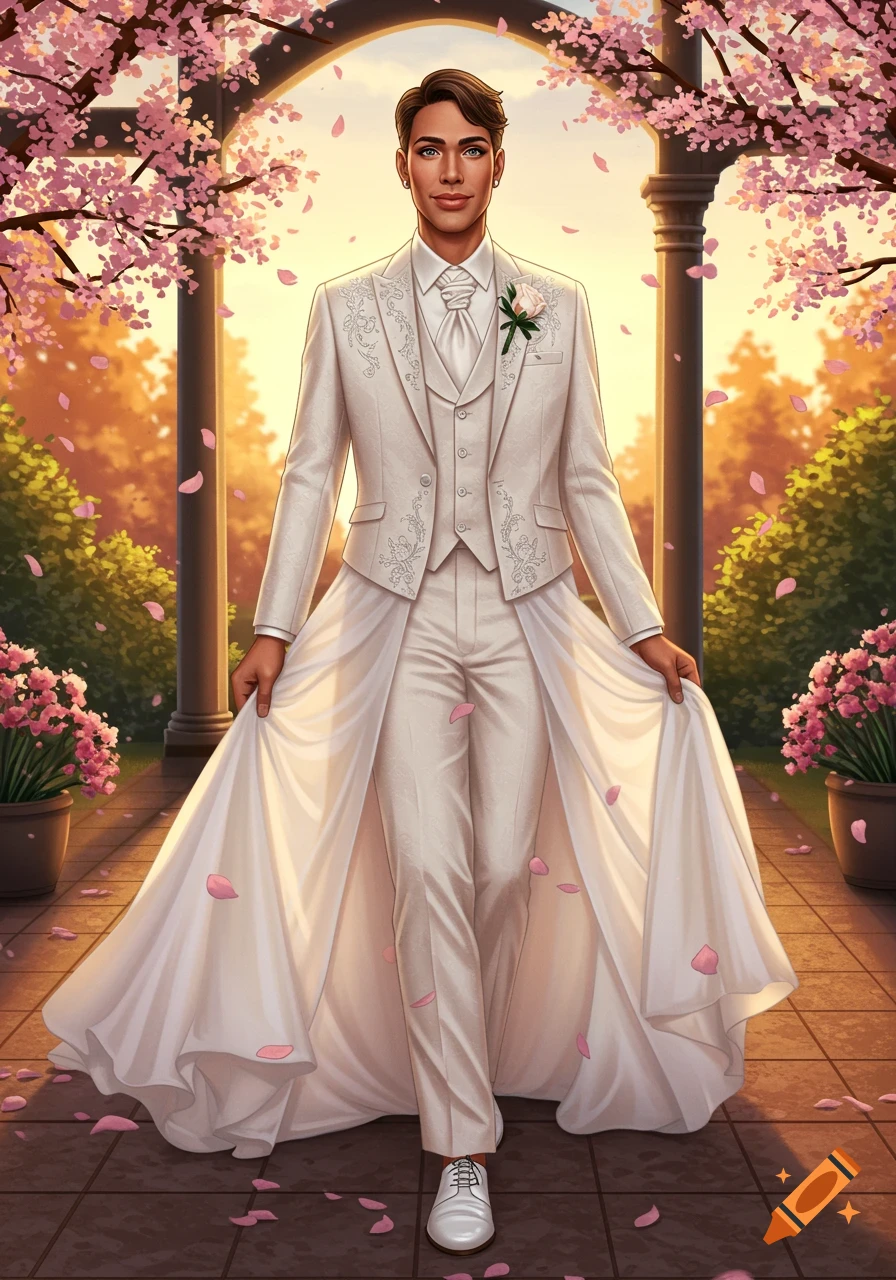 A person in a white wedding suit with an attached flowing skirt walks under a cherry blossom archway at sunset. Illustration style.