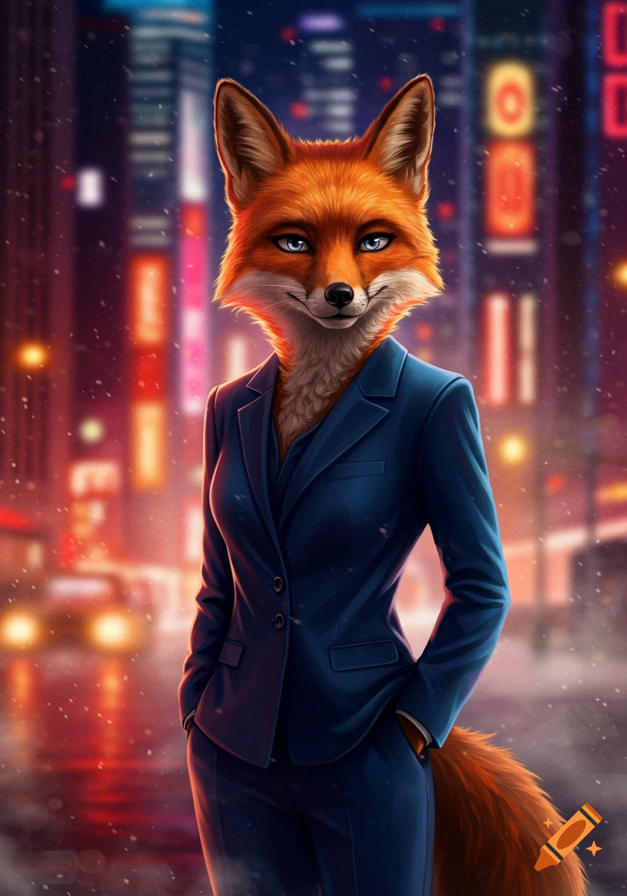 An anthropomorphic fox in a blue business suit stands in a snowy, neon-lit city at night, digital art.