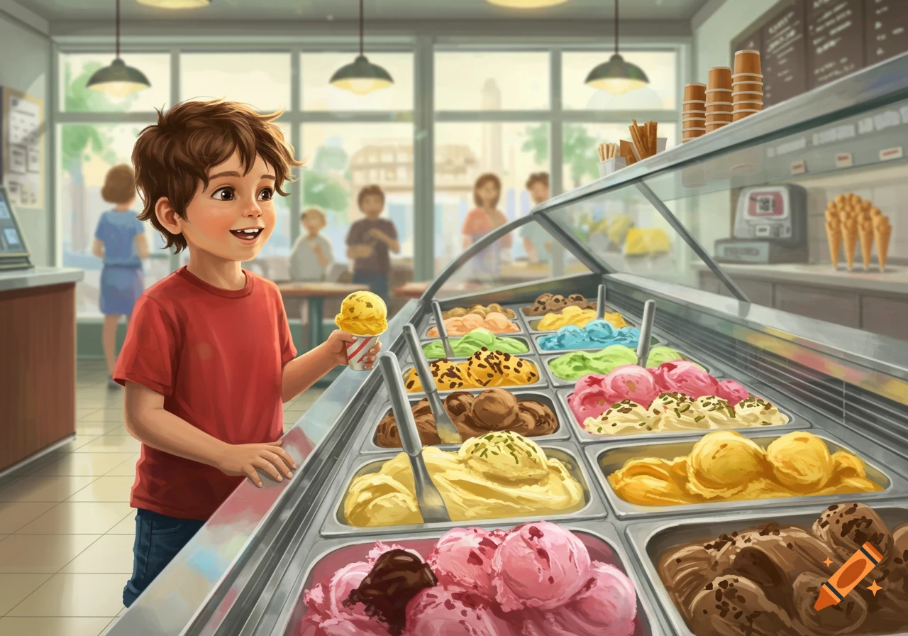 A smiling cartoon boy in a red shirt holds a scoop of yellow ice cream in a colorful ice cream shop.