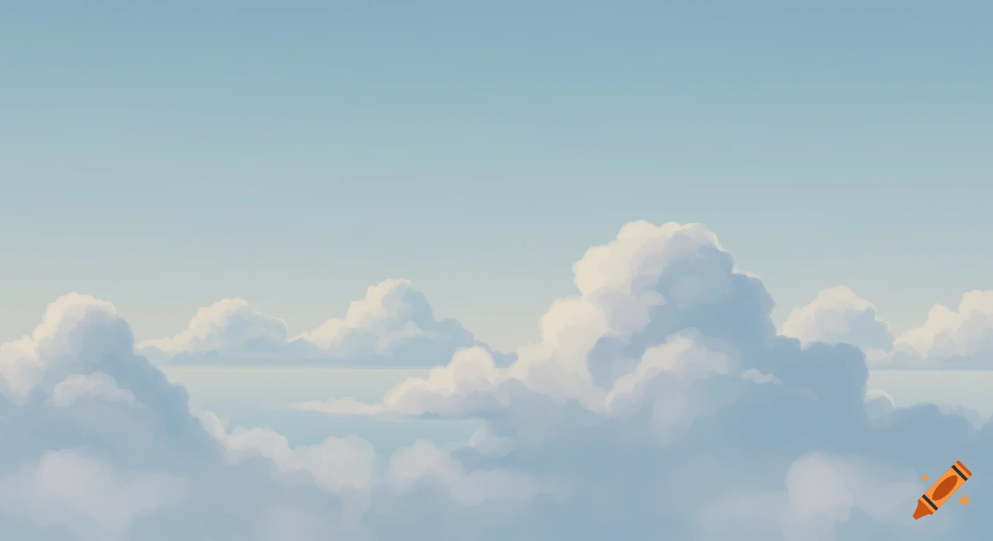 A stylized painting of soft, low-contrast white and light blue clouds against a pale blue sky.
