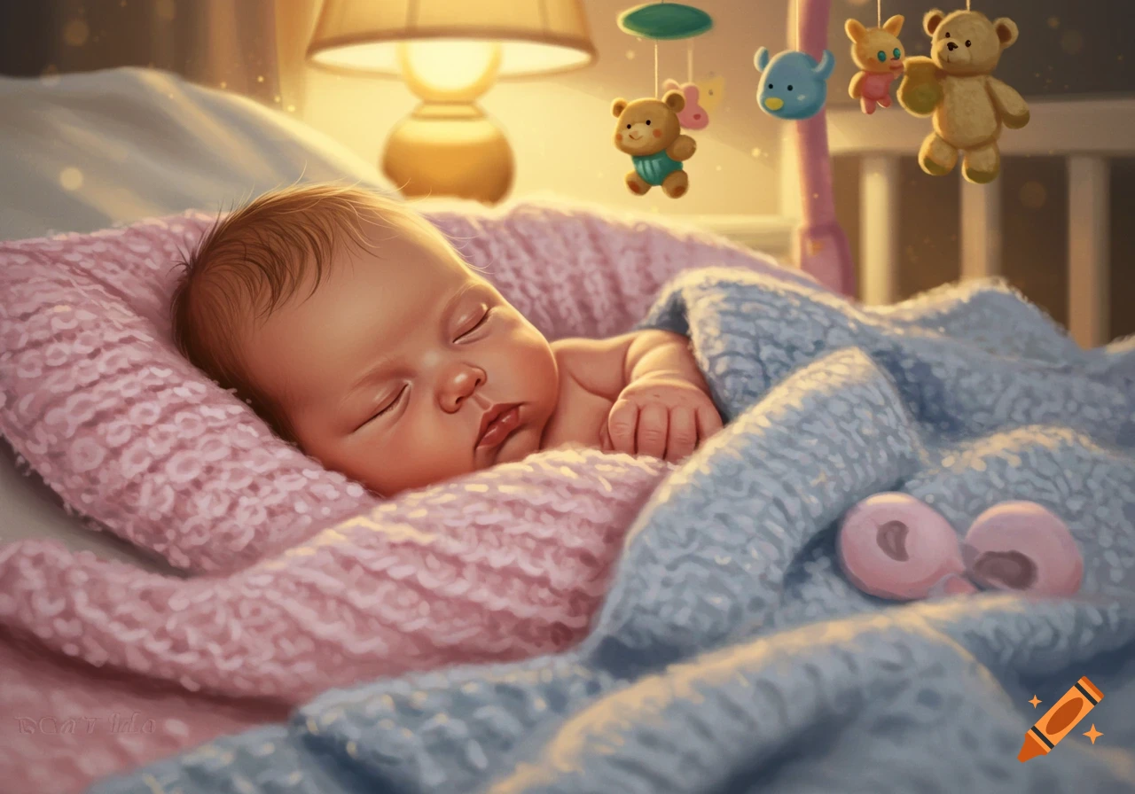 A peaceful baby sleeps soundly in pink and blue knitted blankets, with a lamp and toy mobile in the soft background.