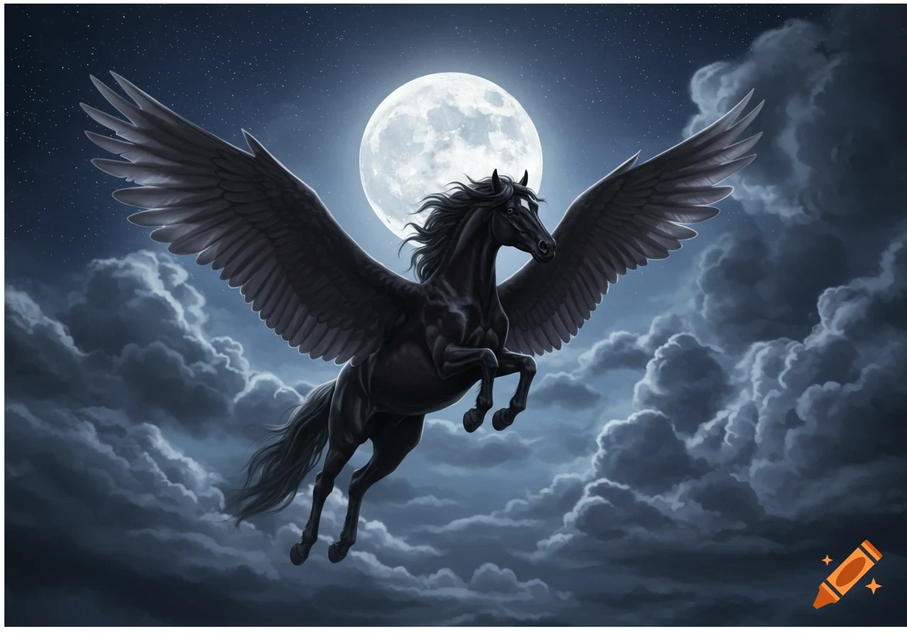 A majestic black Pegasus with large wings flies through a dark, cloudy night sky, silhouetted against a bright full moon.
