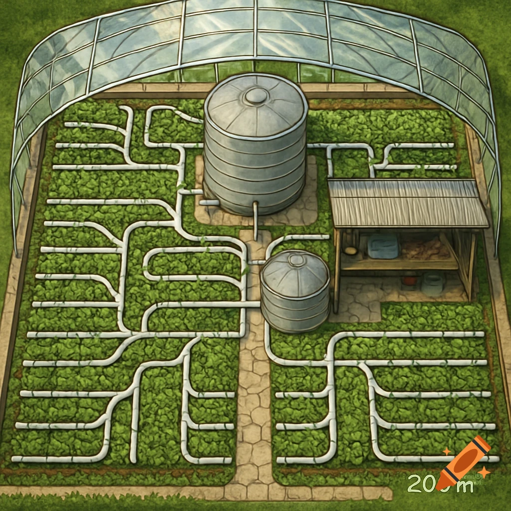 Top-down illustrative drawing of a hydroponic farm with pipe layout, water tanks, and a work area in a greenhouse.