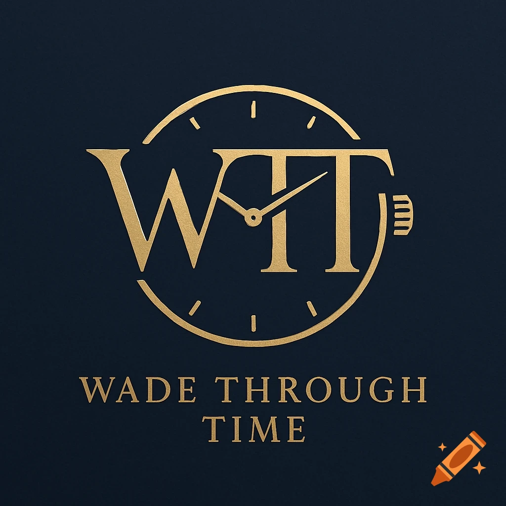 Gold luxury logo on a dark blue background, featuring the letters WTT integrated into a clock face, with 'WADE THROUGH TIME' text below.