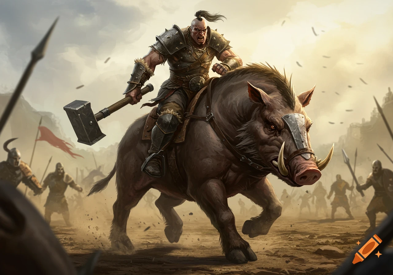 An armored barbarian warrior with a hammer rides a fierce charging boar into battle against other warriors, digital fantasy art.