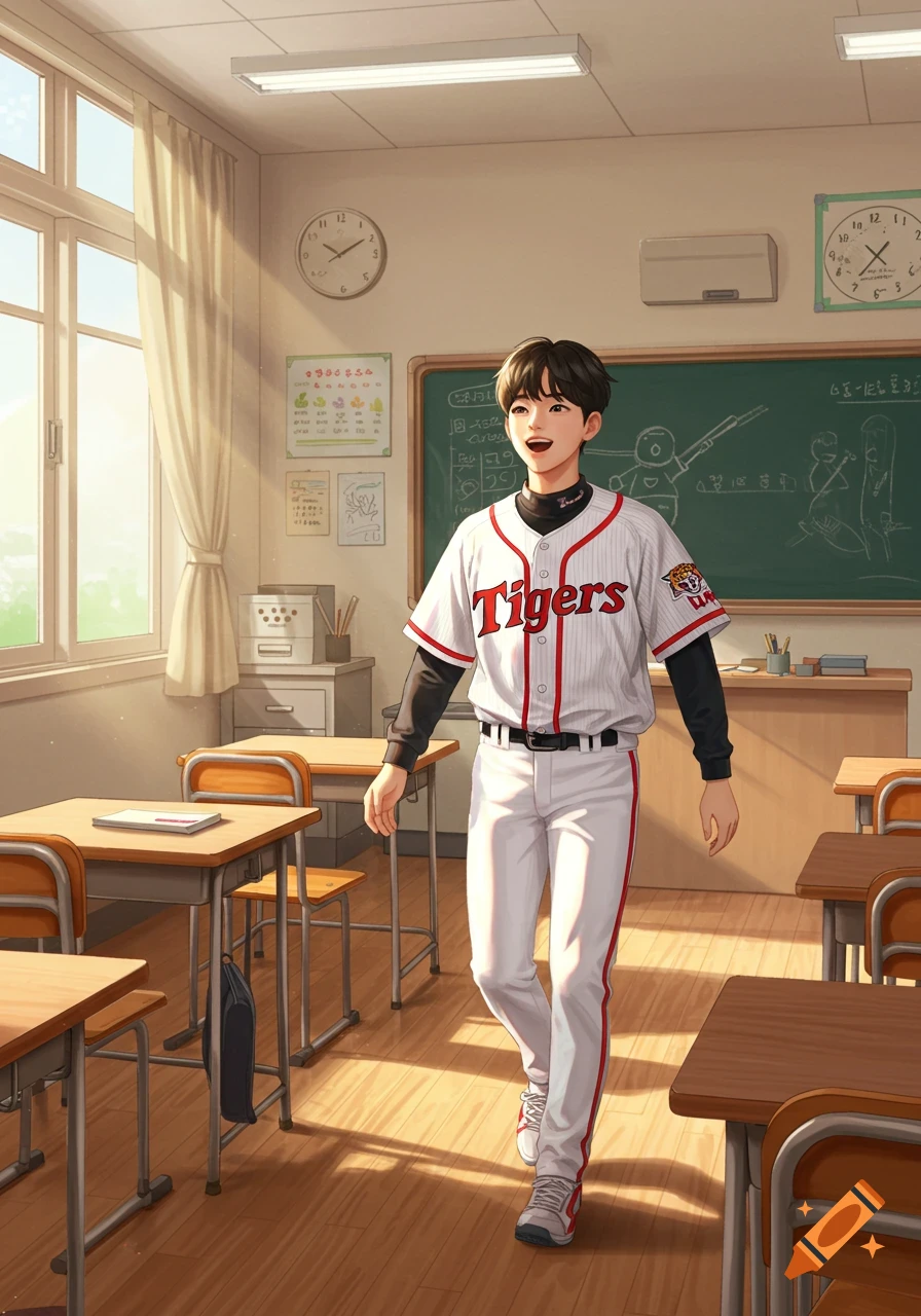 Anime-style illustration of a Korean boy in a white and red 'Tigers' baseball uniform walking through a sunny classroom.