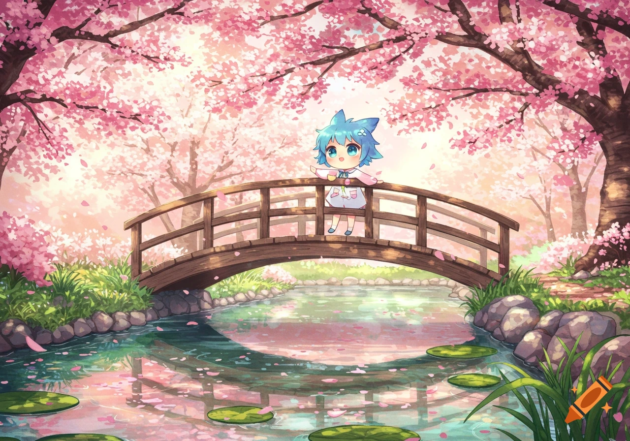 A cute anime character with blue hair stands on a wooden bridge over a stream, surrounded by blooming pink cherry blossom trees.
