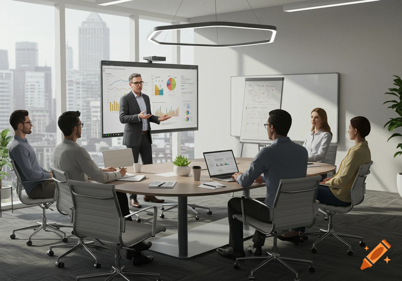A man in a suit presents data on a large screen to a group of five colleagues seated around a conference table in a modern office with city views.