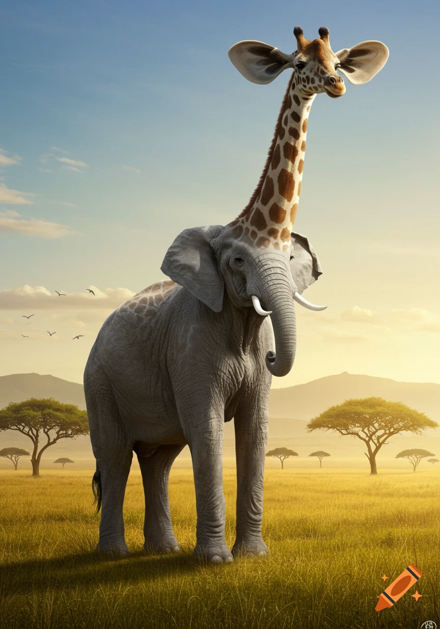 An elephant with a giraffe's head and long neck stands in a golden savanna at sunset.