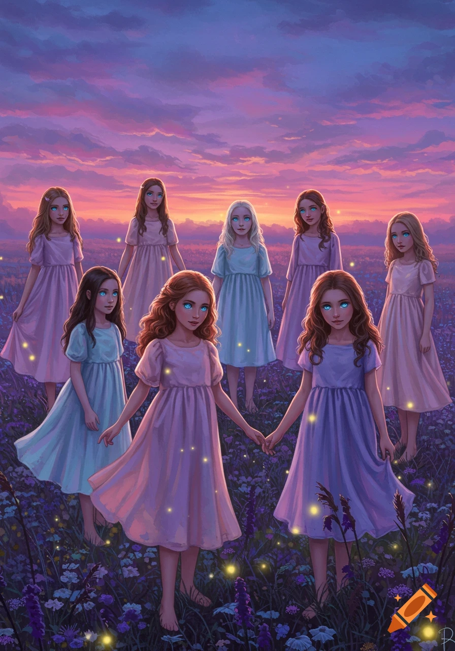 Nine young girls with blue eyes stand in a field of purple wildflowers at sunset, with glowing lights. Two girls in the foreground hold hands.