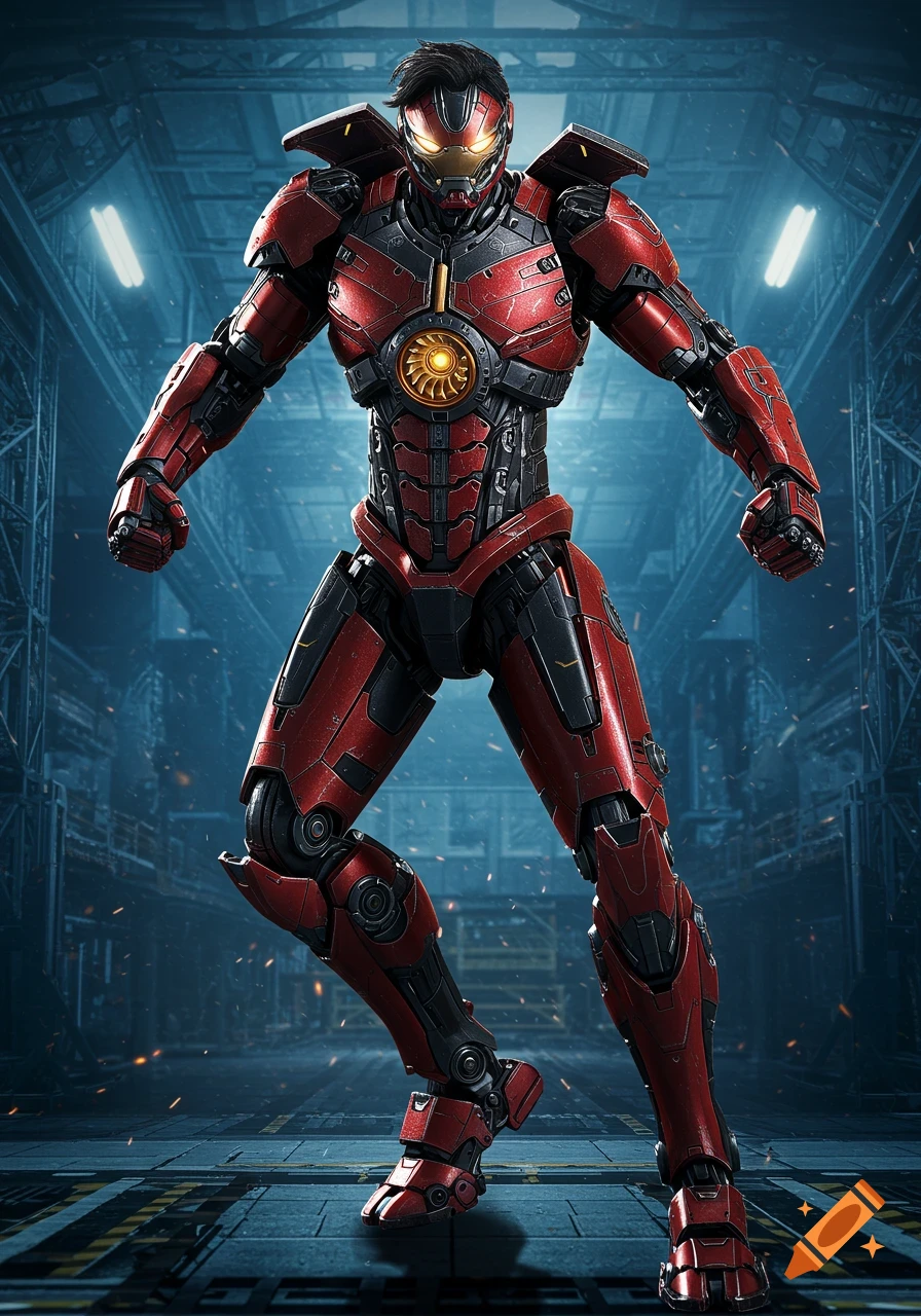 Ultra-realistic male human-mecha hero in a red and black armored suit striking a dynamic power pose in a futuristic hangar.