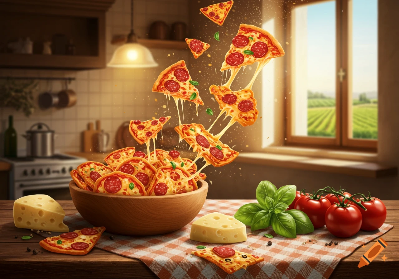 Vibrant illustration of pizza slices with melted cheese floating and falling into a bowl in a sunlit kitchen, with ingredients on the table.