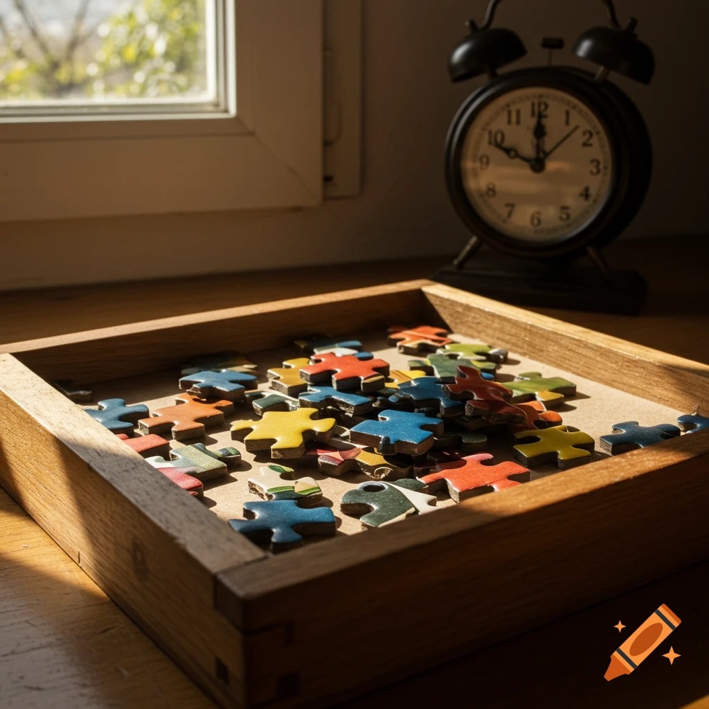 Colorful puzzle pieces scattered in a wooden tray on a sunlit table next to an alarm clock by a window.