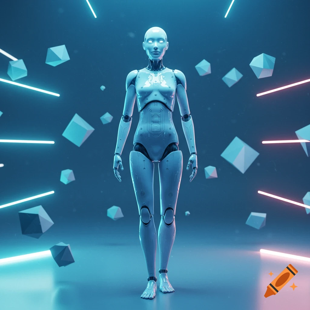 A sleek, white humanoid robot stands in a dark blue futuristic setting with neon lights and floating geometric shapes.