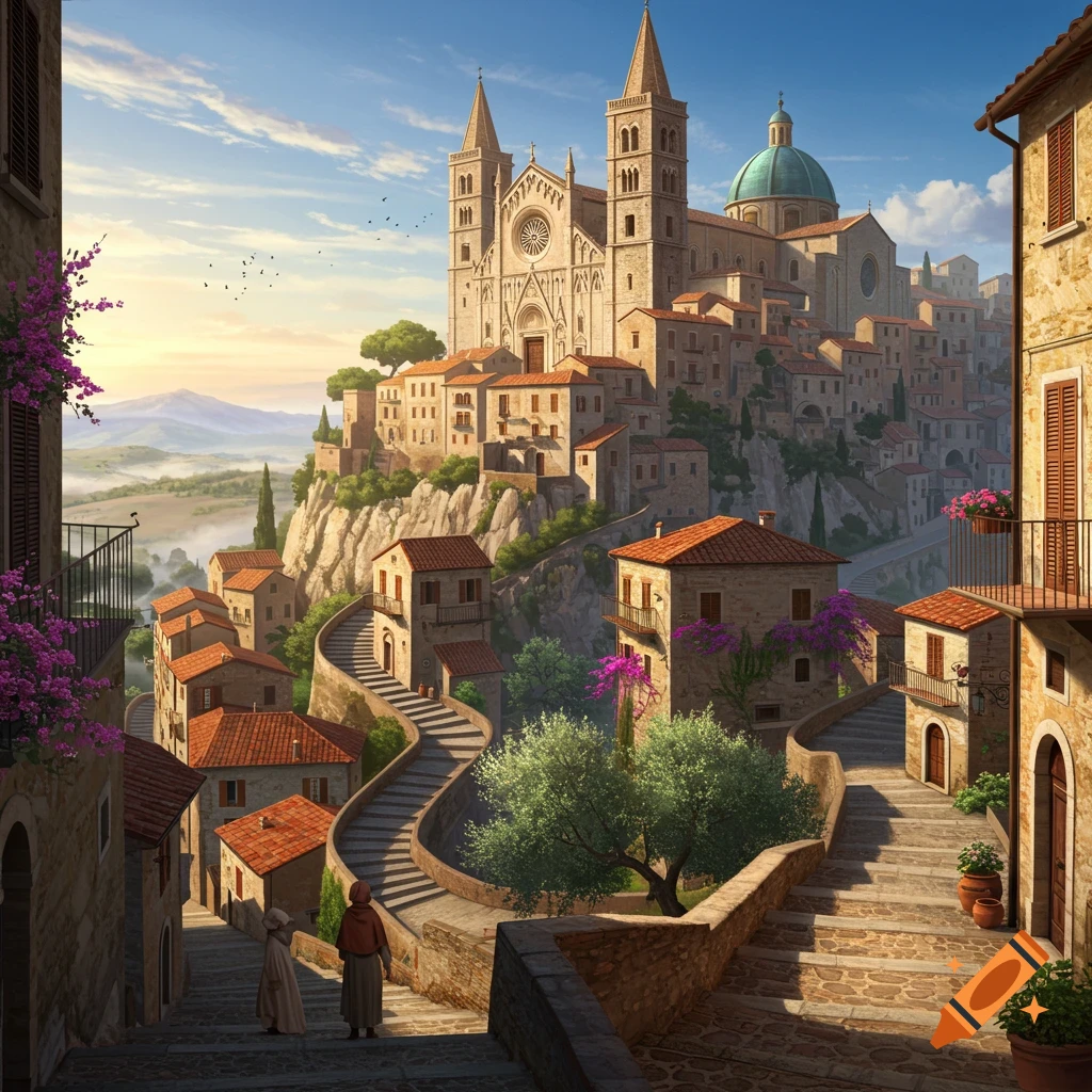 A picturesque Italian medieval city with a grand cathedral on a hill, winding stone paths, and charming houses under a clear sky.