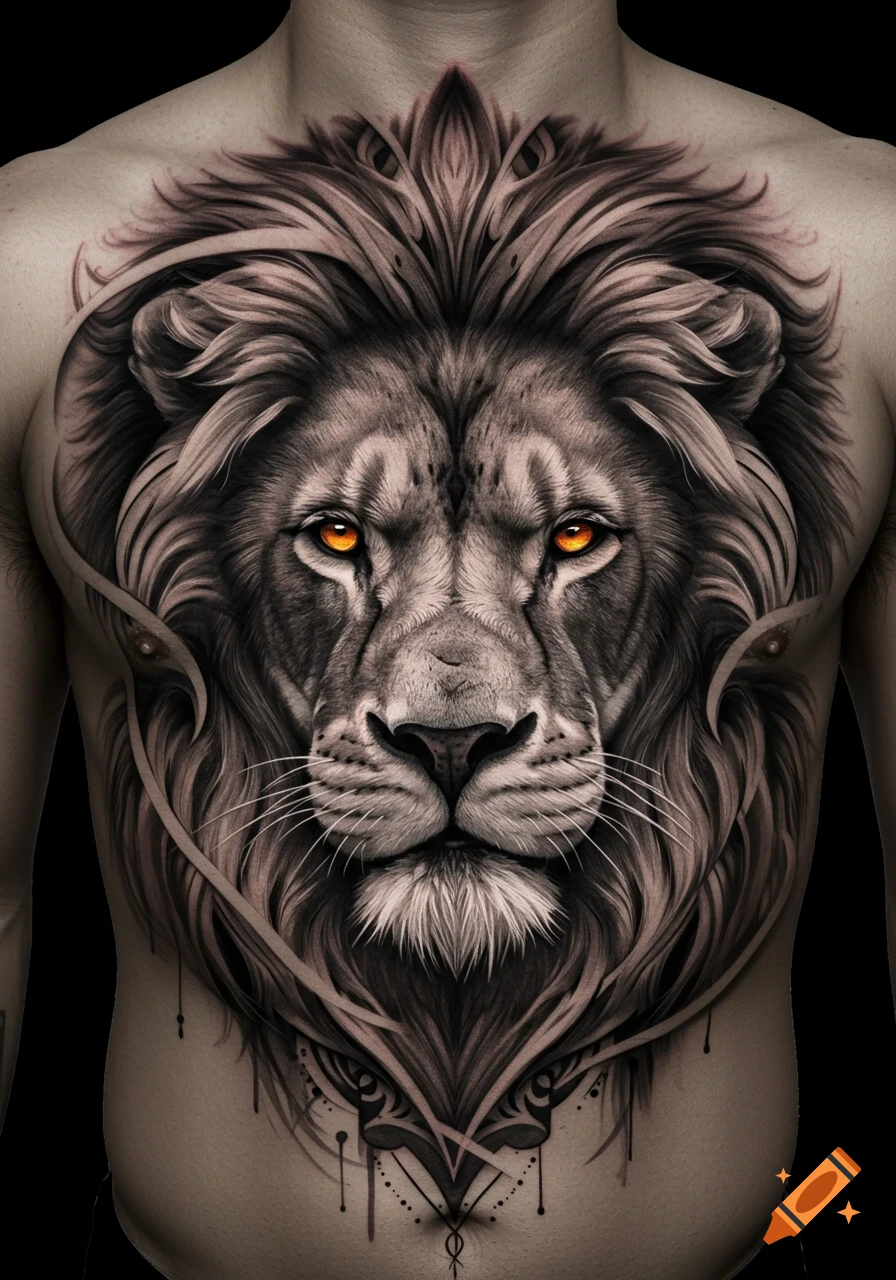 A detailed grayscale lion head tattoo with bright orange eyes covering a person's chest, in a realistic style.