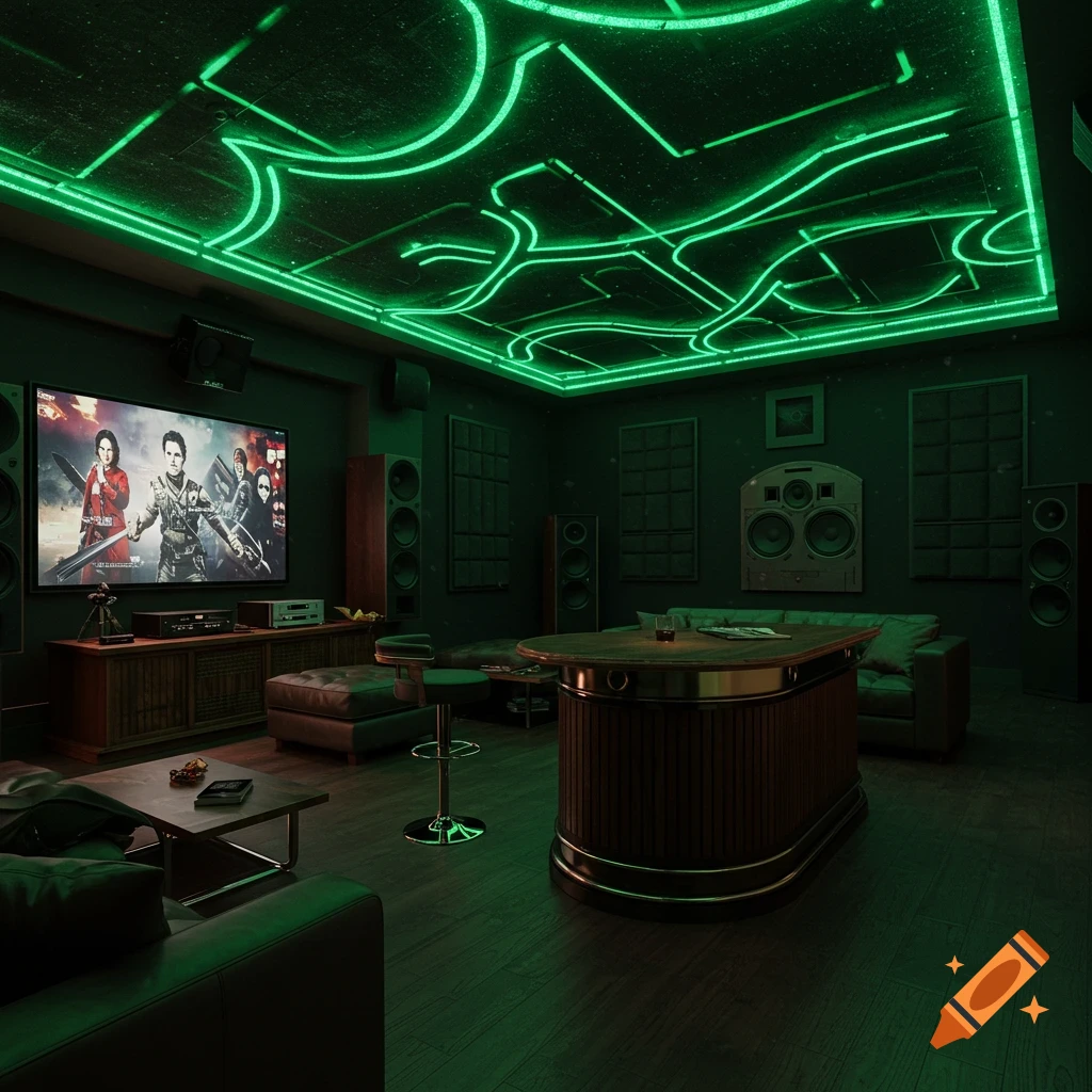 A dark, modern man cave with green neon ceiling lights, a large TV displaying a movie poster, a bar table, and several large speakers.
