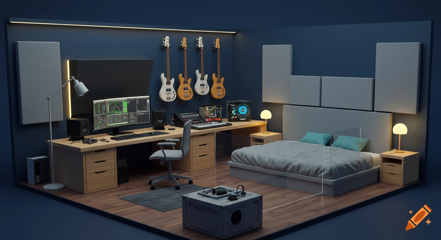 Photorealistic minimalist bedroom-studio with dark blue walls, wooden desk, computer, music gear, guitars, and a bed.