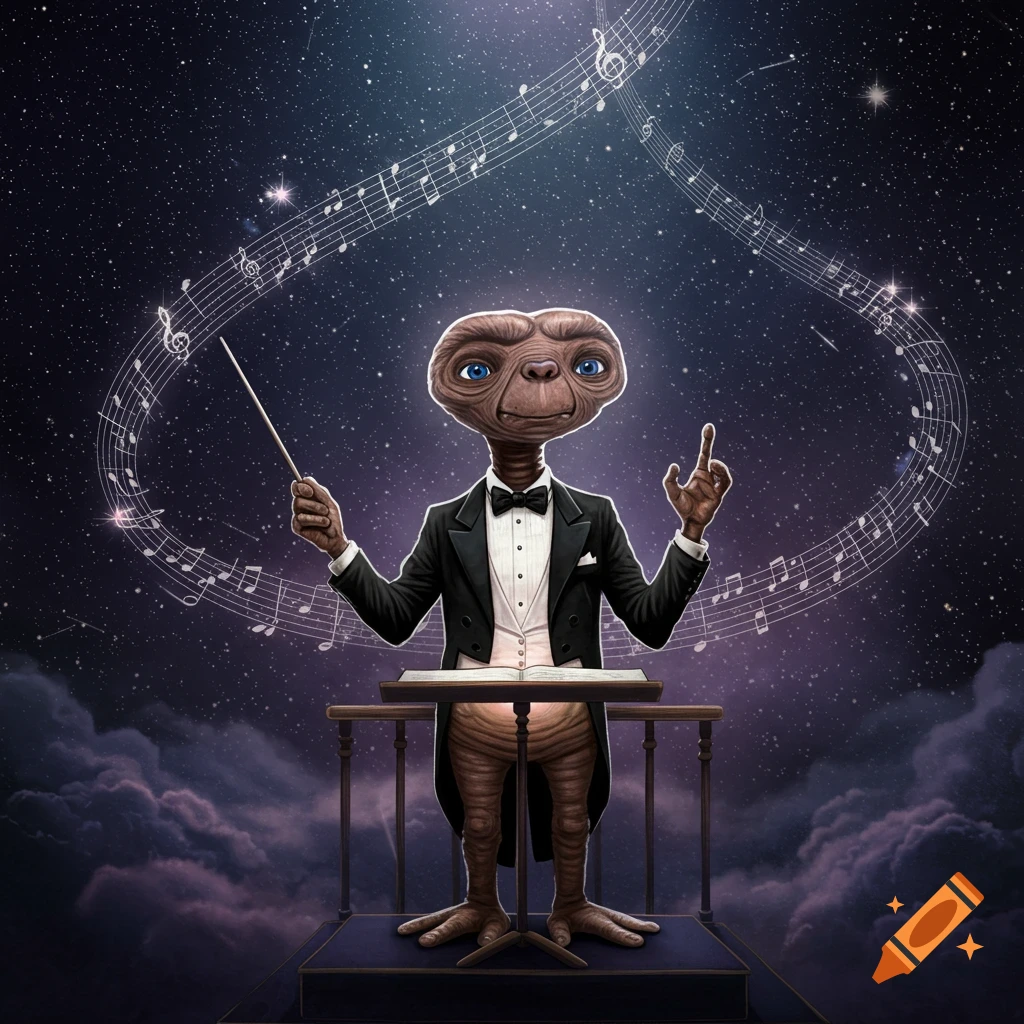 E.T. the alien in a tuxedo conducts musical notes against a starry, cloudy night sky, illustrated.
