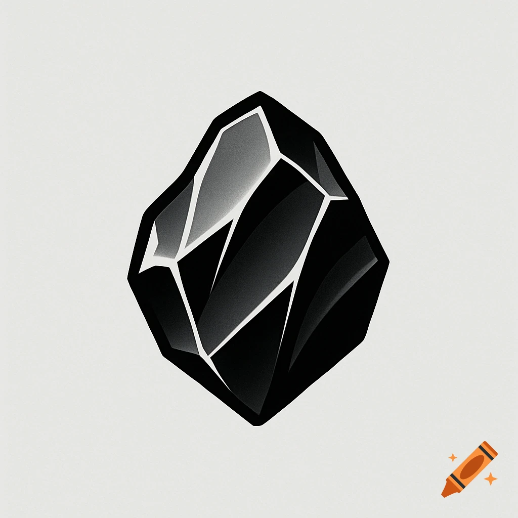 A 2D minimalist black geometric logo of an obsidian rock on a light grey background.