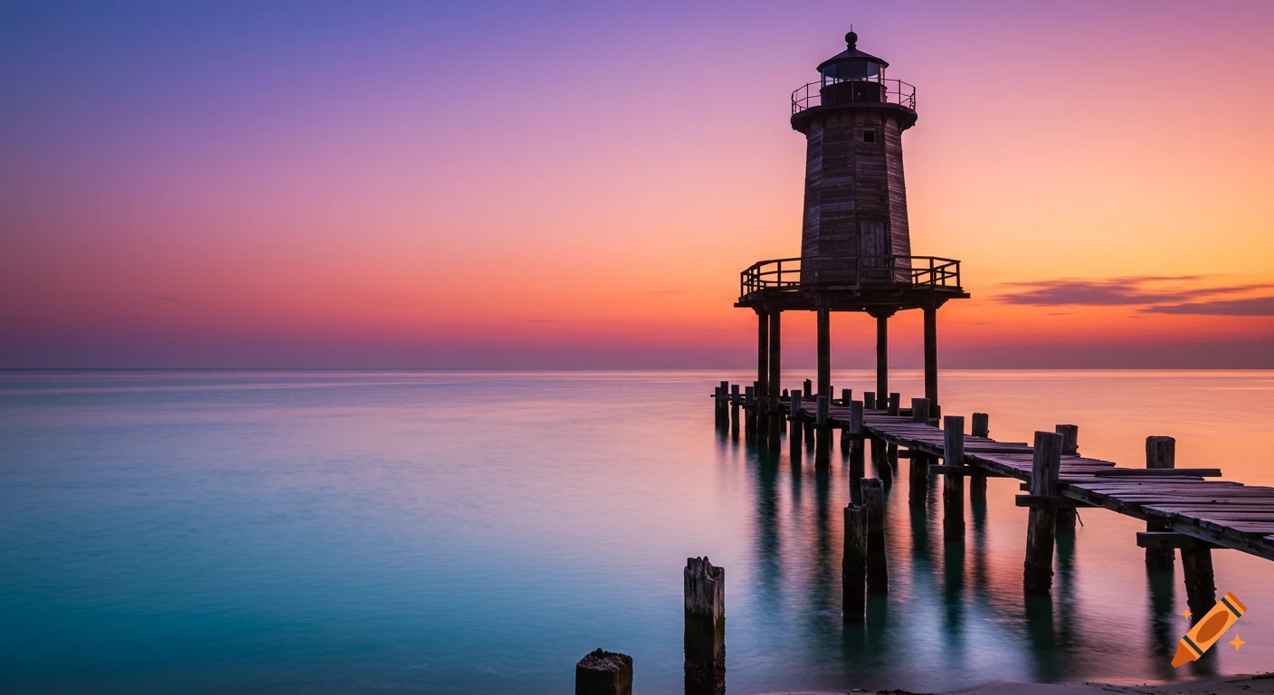 An old wooden lighthouse on a dilapidated pier extends into the calm sea under a vibrant purple and orange sunset sky.