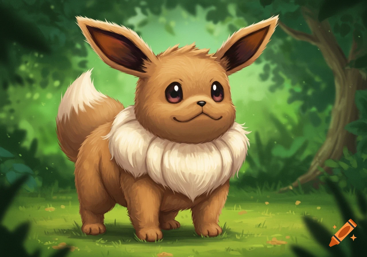 A cute, fluffy brown and cream Eevee, a fox-like Pokemon, stands in a lush green forest clearing.