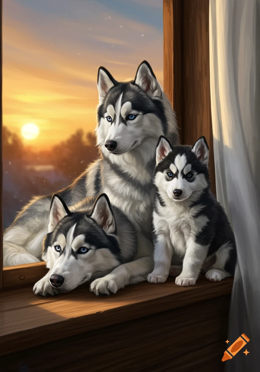 Digital painting of two adult huskies and one husky puppy sitting on a wooden window sill at sunset, looking out the window.