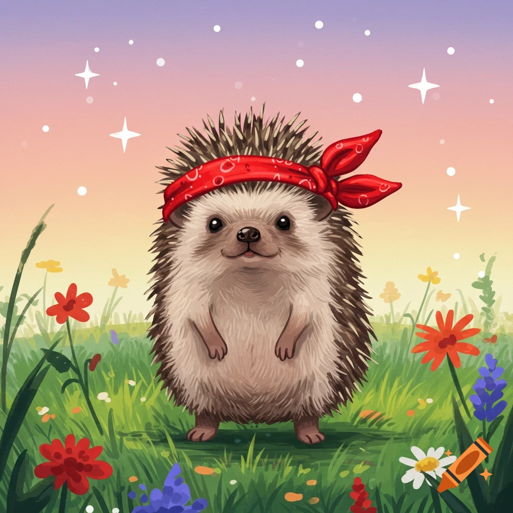 A cute, comic-style hedgehog wearing a red bandana stands in a vibrant green field with colorful flowers under a sparkling sky.