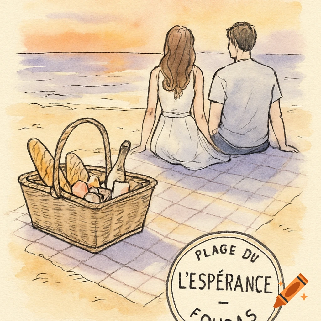 Watercolor illustration of a couple sitting on a plaid blanket on a sandy beach, looking at a sunset over the sea, with a picnic basket nearby.