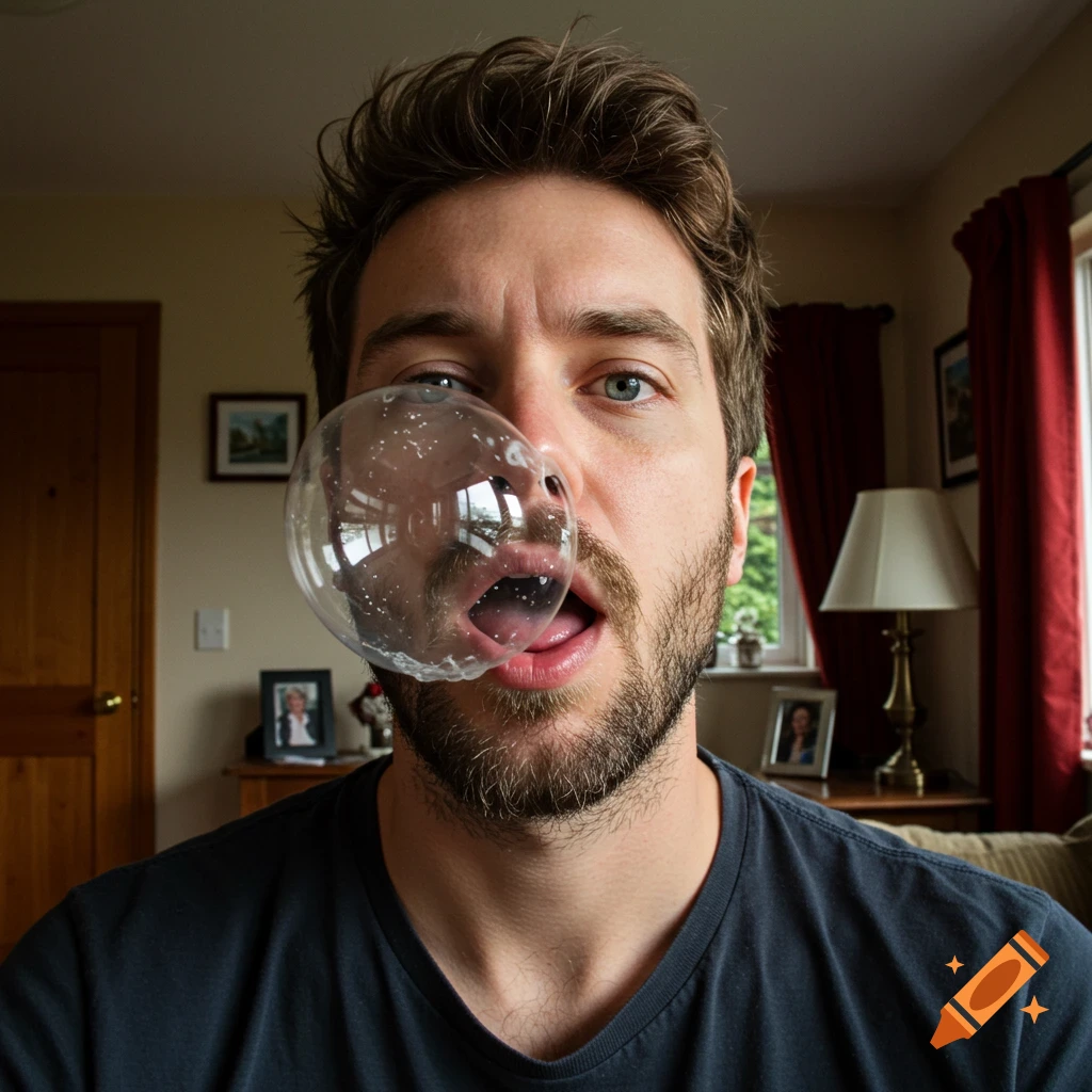 A close-up, realistic photo of a bearded man blowing a large clear spit bubble from his open mouth, his tongue visible inside.