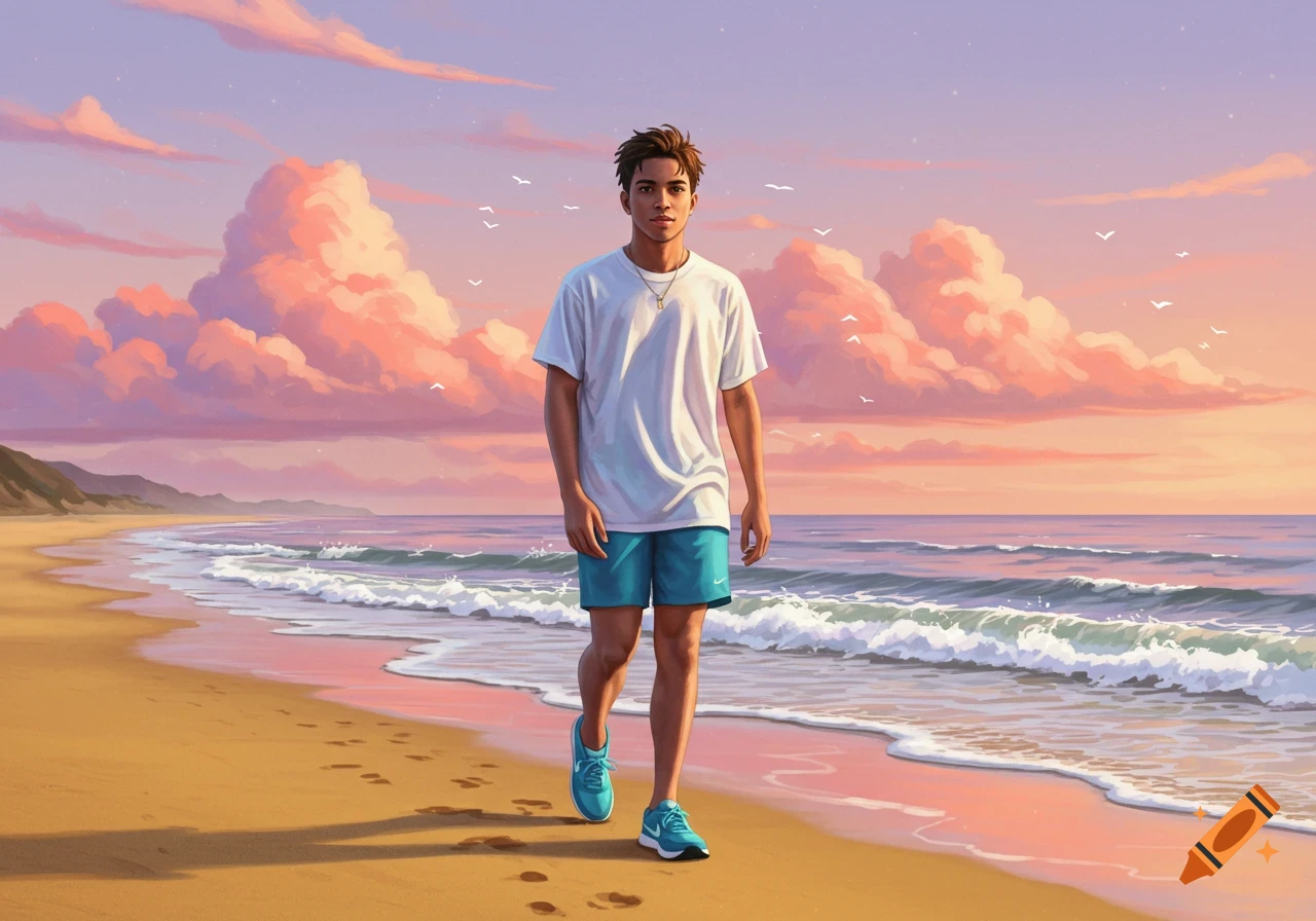 Digital painting of a young man walking along a sandy beach at sunset, wearing a white t-shirt, blue shorts, and blue Nike shoes.