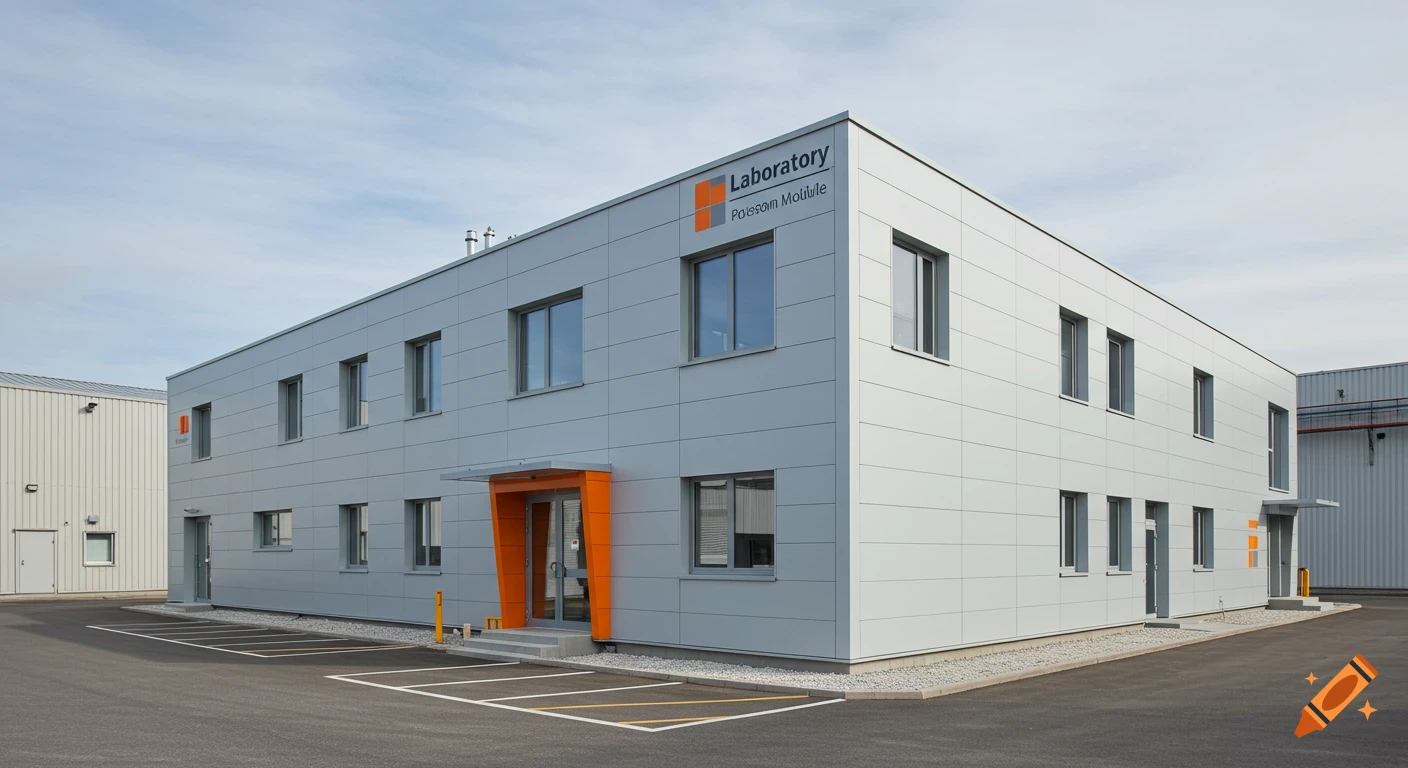 A modern, grey and orange modular laboratory building with large windows and clean lines, under a bright sky.