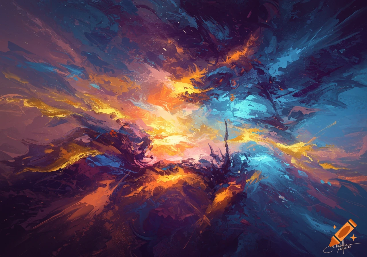 Vibrant abstract painting with sweeping strokes of blue, orange, purple, and gold, evoking a dynamic, energetic scene.