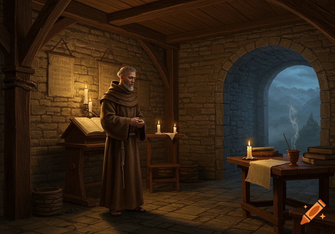 A bearded monk in a brown robe stands in a dimly lit stone room with wooden beams and an arched doorway leading to misty mountains. Candles light the room.