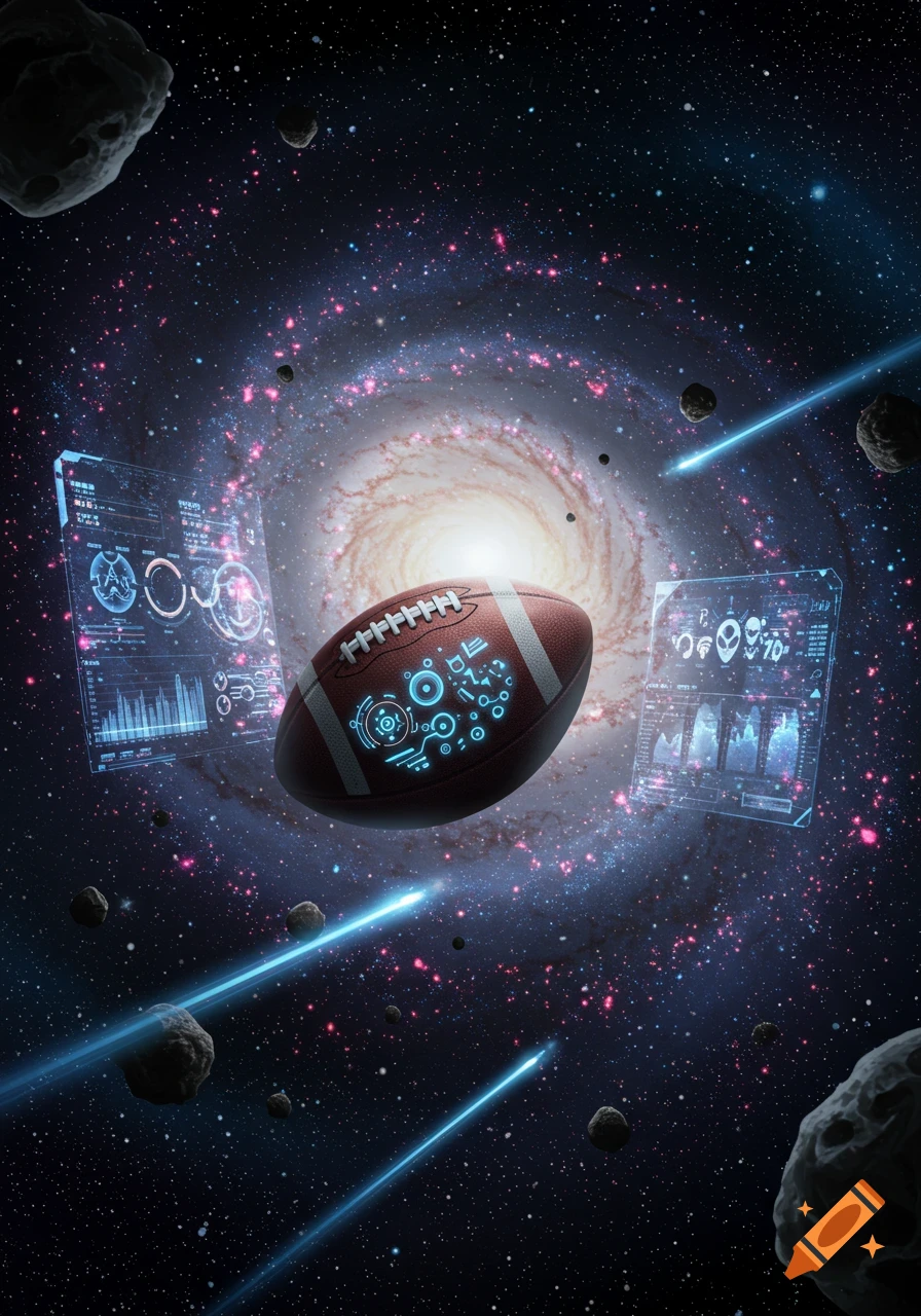 A glowing football in the center of a spiral galaxy, surrounded by holographic screens, asteroids, and streaking lights.