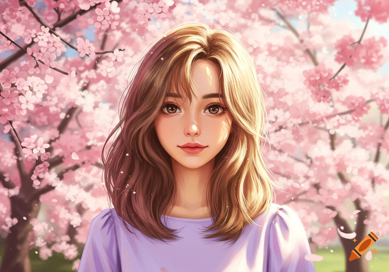 Digital illustration of a young woman with brown hair and big eyes, wearing a purple shirt, among pink cherry blossoms.